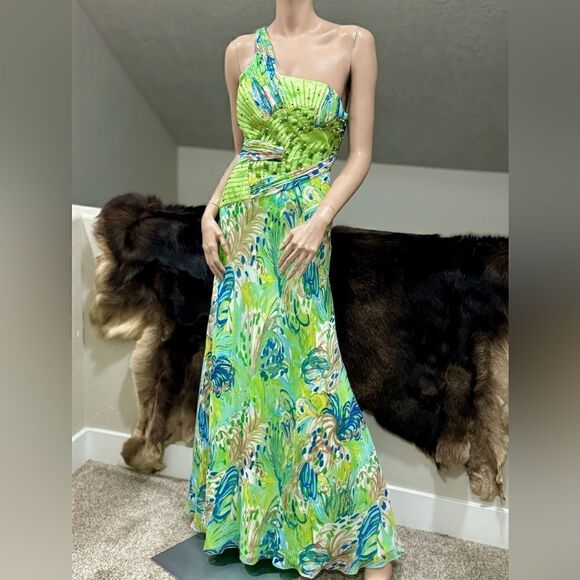 Chic Design One-Shoulder Floral-print Beaded Chiffon Evening Dress - Picture 1 of 16